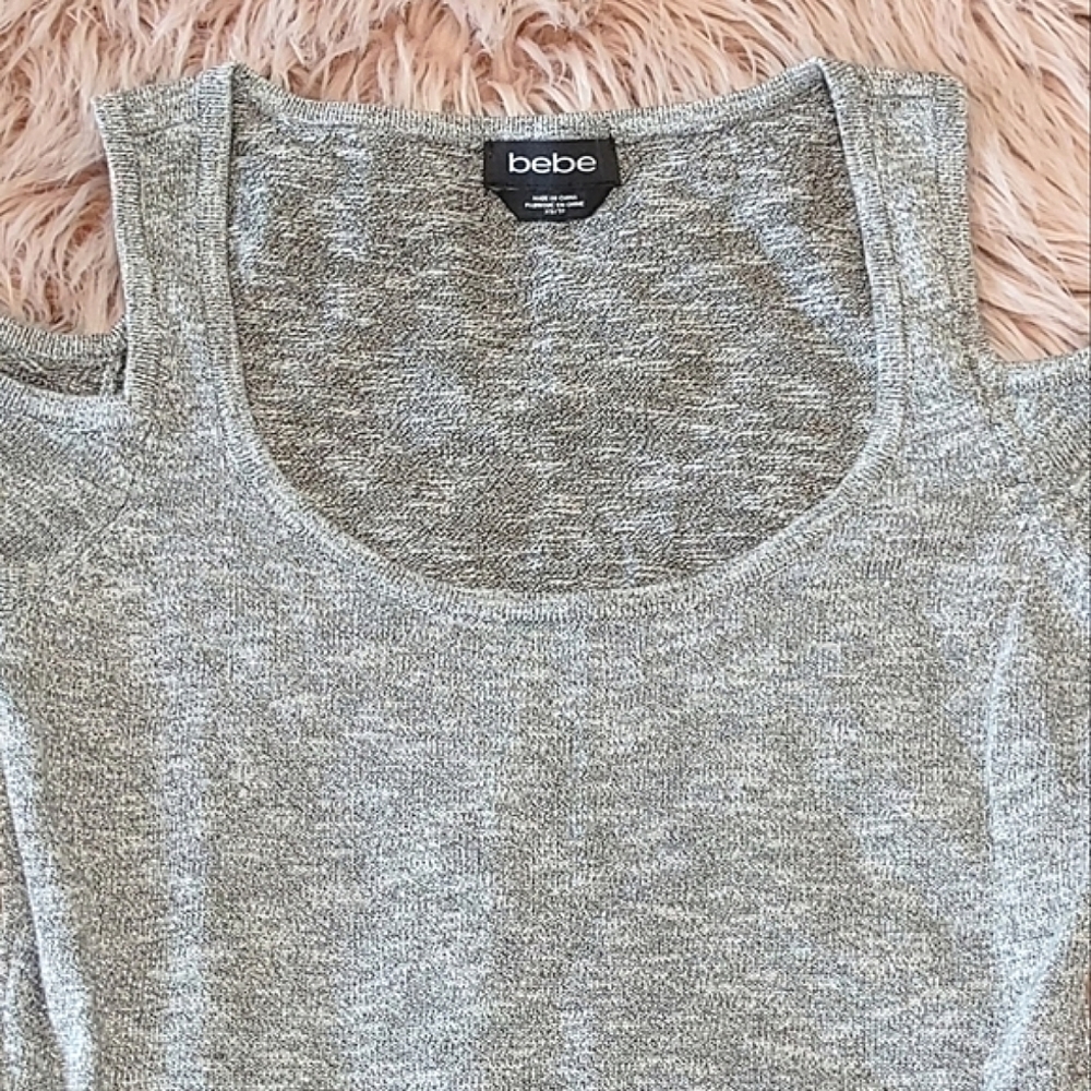 BeBe Cold Shoulder Sweater Silver Sparkle XS 3/4 Sleeve Decorated W ith Zippers